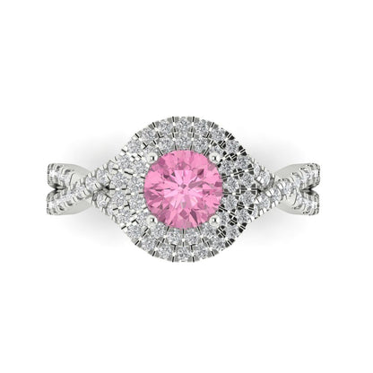 1.3125 cttw Zirconia Simulated Pink Diamond Hidden Halo Engagement Ring - Solid Gold (VVS1, Round Cut,6mm)