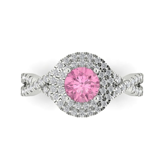 1.3125 cttw Zirconia Simulated Pink Diamond Hidden Halo Engagement Ring - Solid White Gold (VVS1, Round Cut,6mm)