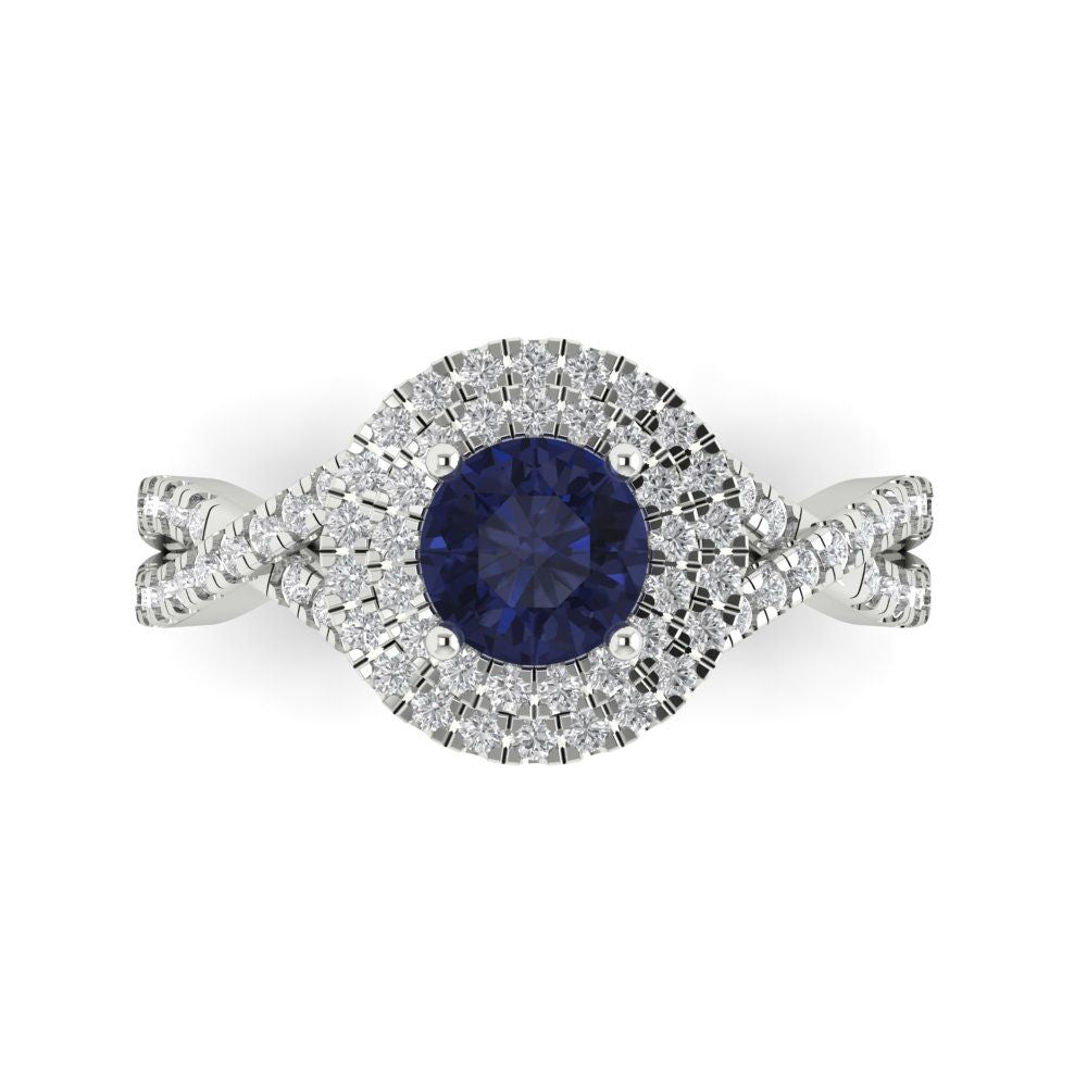 1.3125 cttw Simulated Blue Sapphire Hidden Halo Engagement Ring - Solid Gold (Round Cut,6mm)