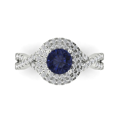 1.3125 cttw Simulated Blue Sapphire Hidden Halo Engagement Ring - Solid Gold (Round Cut,6mm)