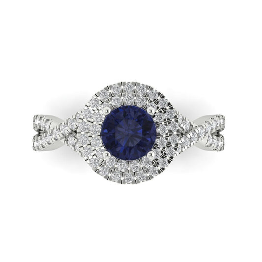 1.3125 cttw Simulated Blue Sapphire Hidden Halo Engagement Ring - Solid White Gold (VVS1, Round Cut,6mm)