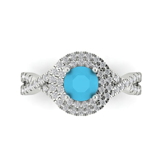 1.3125 cttw Simulated Turquoise Hidden Halo Engagement Ring - Solid White Gold (VVS1, Round Cut,6mm)