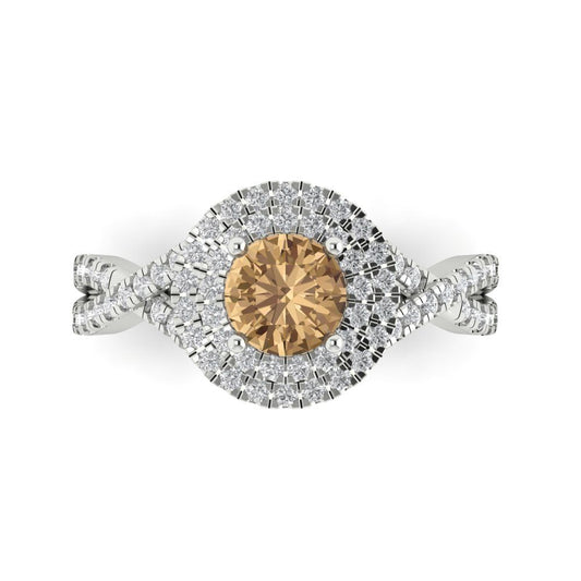 1.3125 cttw Zirconia Simulated Champagne Diamond Hidden Halo Engagement Ring - Solid White Gold (VVS1, Round Cut,6mm)