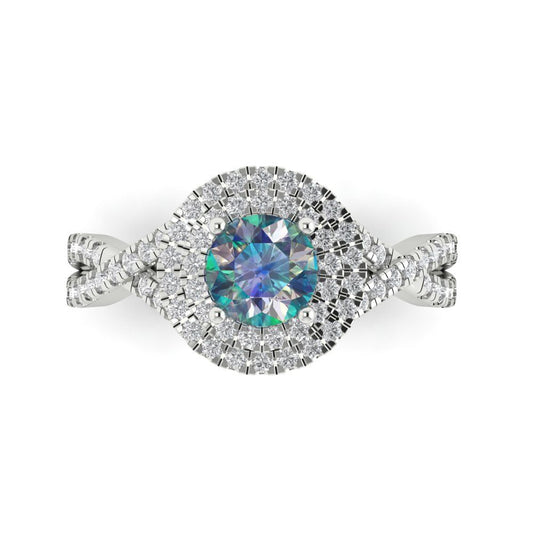 1.3125 cttw Blue Moissanite Hidden Halo Engagement Ring - Solid White Gold (VVS1, Round Cut,6mm)