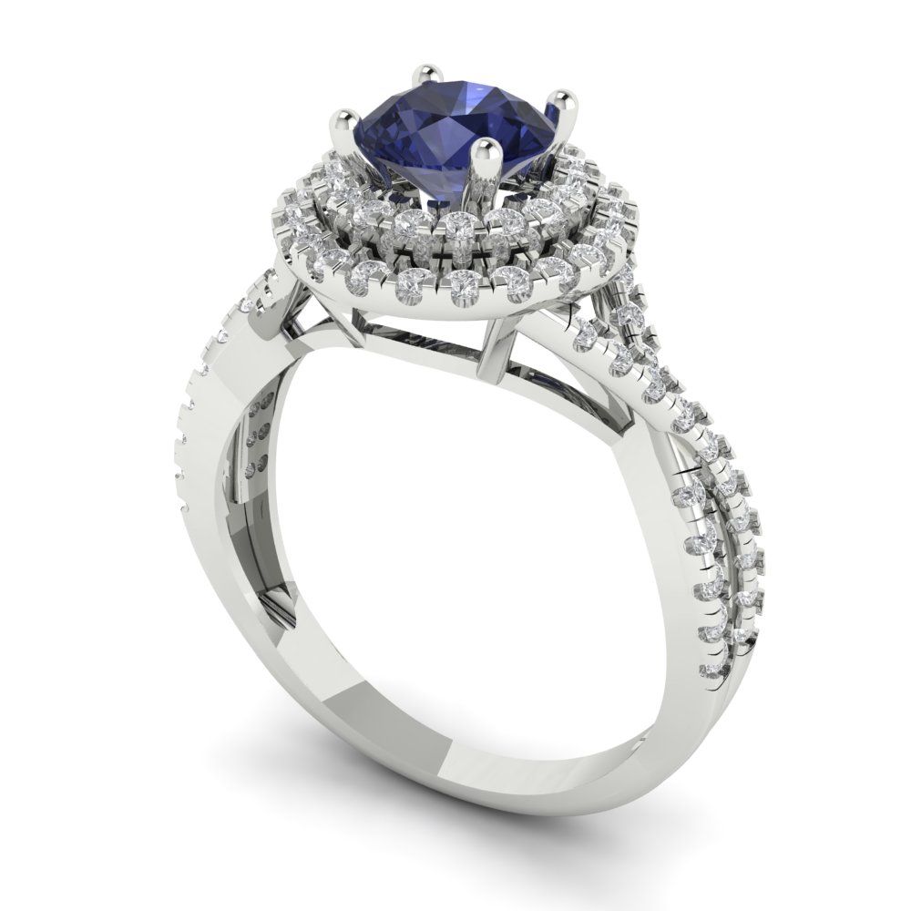 1.3125 cttw Simulated Blue Sapphire Hidden Halo Engagement Ring - Solid Gold (Round Cut,6mm)