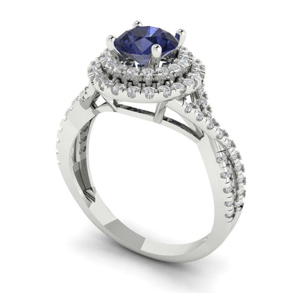 1.3125 cttw Simulated Blue Sapphire Hidden Halo Engagement Ring - Solid Gold (Round Cut,6mm)
