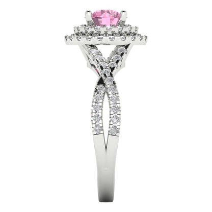 1.3125 cttw Zirconia Simulated Pink Diamond Hidden Halo Engagement Ring - Solid Gold (VVS1, Round Cut,6mm)