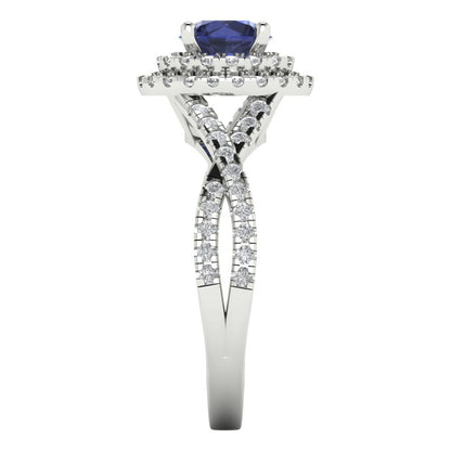 1.3125 cttw Simulated Blue Sapphire Hidden Halo Engagement Ring - Solid Gold (Round Cut,6mm)