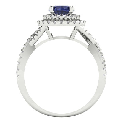 1.3125 cttw Simulated Blue Sapphire Hidden Halo Engagement Ring - Solid Gold (Round Cut,6mm)