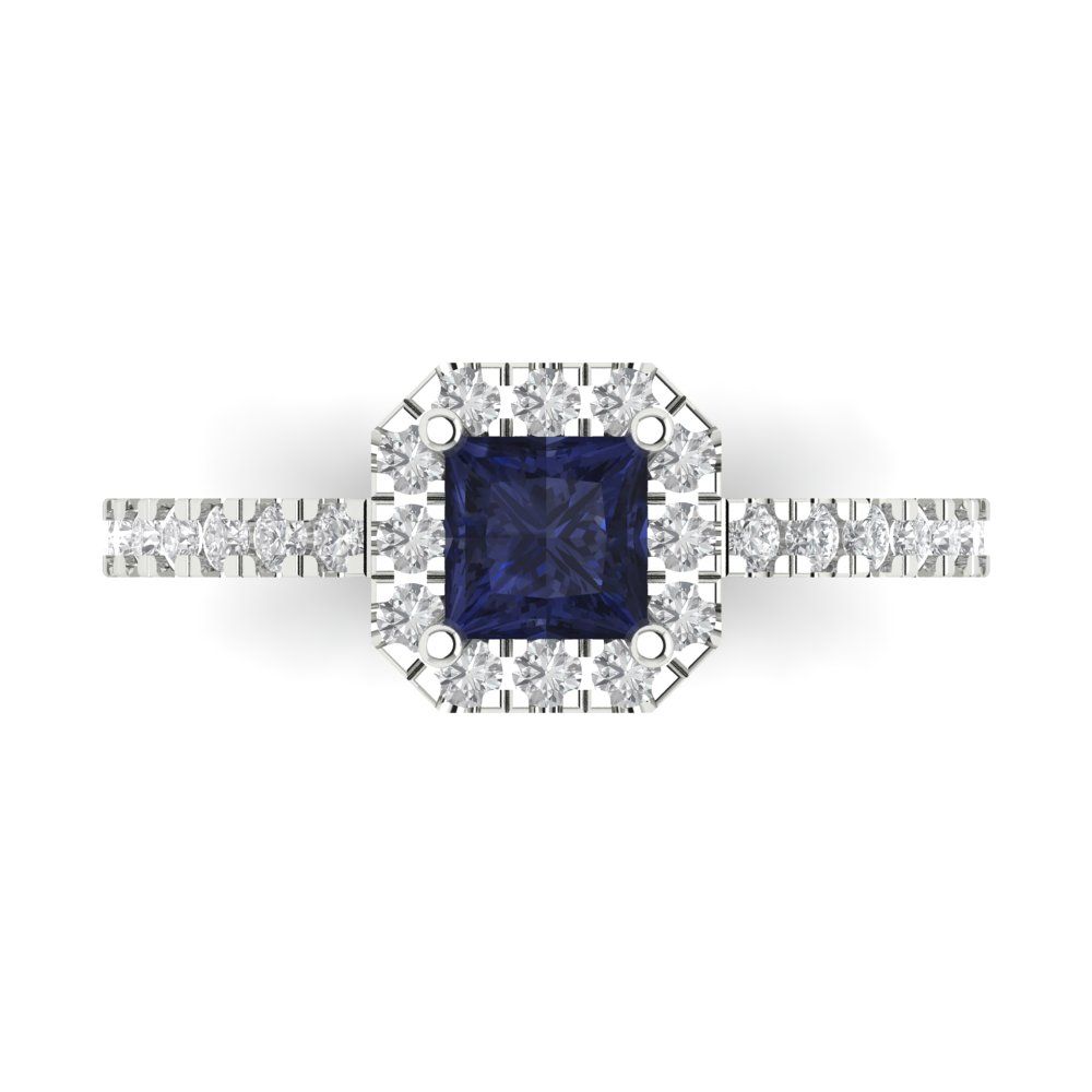 0.89 cttw Simulated Blue Sapphire Hidden Halo Engagement Ring - Solid Gold (Princess Cut,4.5mm)