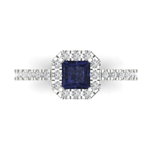 0.89 cttw Simulated Blue Sapphire Hidden Halo Engagement Ring - Solid White Gold (VVS1, Princess Cut,4.5mm)