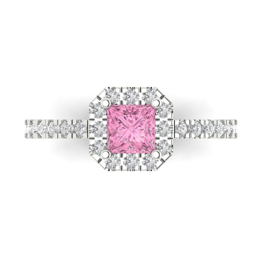 0.89 cttw Zirconia Simulated Pink Diamond Hidden Halo Engagement Ring - Solid White Gold (VVS1, Princess Cut,4.5mm)