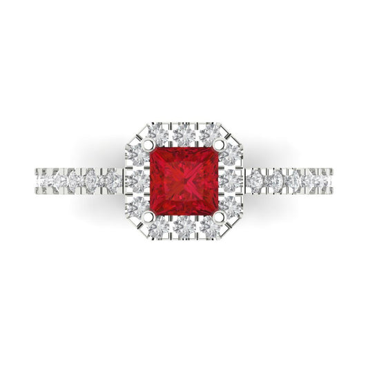 0.89 cttw Simulated Ruby Hidden Halo Engagement Ring - Solid White Gold (VVS1, Princess Cut,4.5mm)