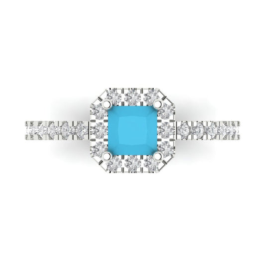0.89 cttw Simulated Turquoise Hidden Halo Engagement Ring - Solid White Gold (VVS1, Princess Cut,4.5mm)