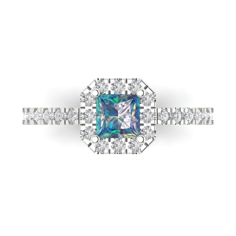0.89 cttw Blue Moissanite Hidden Halo Engagement Ring - Solid Gold (Princess Cut,4.5mm)
