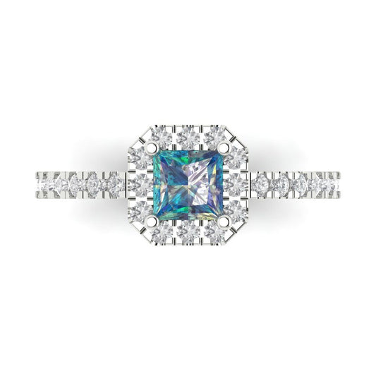 0.89 cttw Blue Moissanite Hidden Halo Engagement Ring - Solid White Gold (VVS1, Princess Cut,4.5mm)