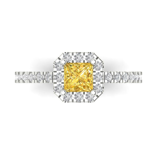 0.89 cttw Zirconia Simulated Yellow Diamond Hidden Halo Engagement Ring - Solid White Gold (VVS1, Princess Cut,4.5mm)