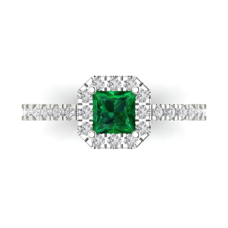 1.23 ct Brilliant Princess Cut Simulated Emerald Stone White Gold Halo Solitaire with Accents Ring