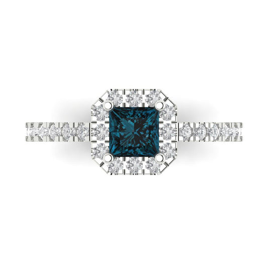 0.89 cttw Natural London Blue Topaz Hidden Halo Engagement Ring - Solid White Gold (VVS1, Princess Cut,4.5mm)