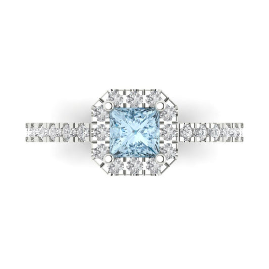 0.89 cttw Natural Swiss Blue Topaz Hidden Halo Engagement Ring - Solid White Gold (VVS1, Princess Cut,4.5mm)