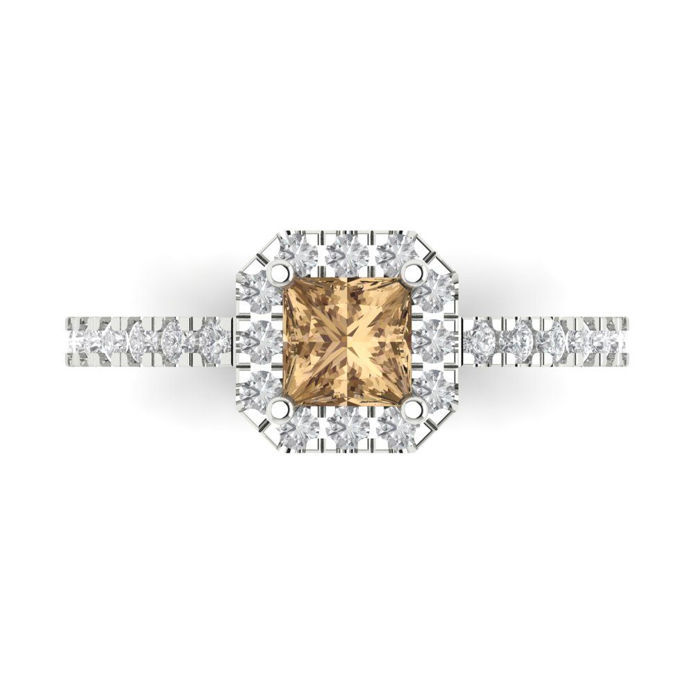 0.89 cttw Zirconia Simulated Champagne Diamond Hidden Halo Engagement Ring - Solid Gold (VVS1, Princess Cut,4.5mm)