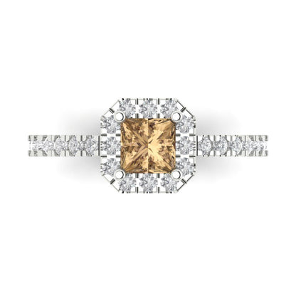 0.89 cttw Zirconia Simulated Champagne Diamond Hidden Halo Engagement Ring - Solid Gold (VVS1, Princess Cut,4.5mm)