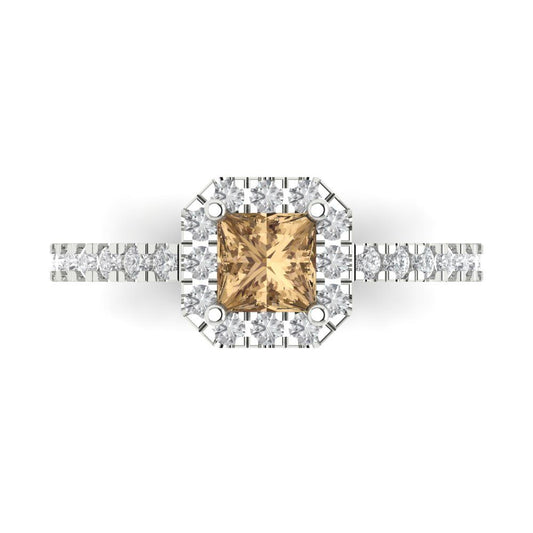 0.89 cttw Zirconia Simulated Champagne Diamond Hidden Halo Engagement Ring - Solid White Gold (VVS1, Princess Cut,4.5mm)