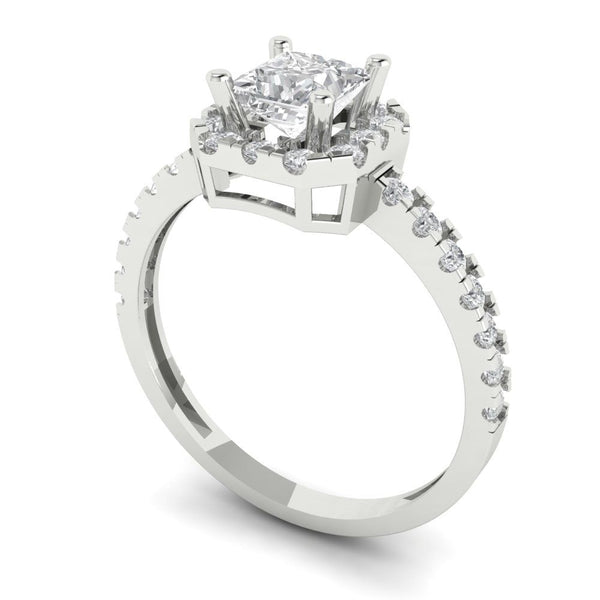 1.23 ct Brilliant Princess Cut Clear Simulated Diamond Stone White Gold Halo Solitaire with Accents Ring