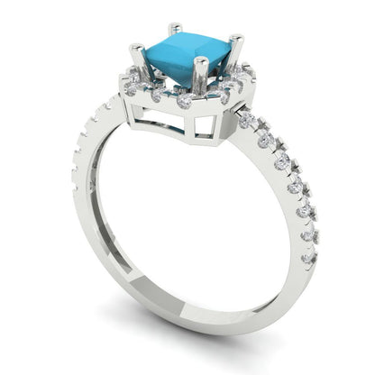 0.89 cttw Simulated Turquoise Hidden Halo Engagement Ring - Solid Gold (Princess Cut,4.5mm)