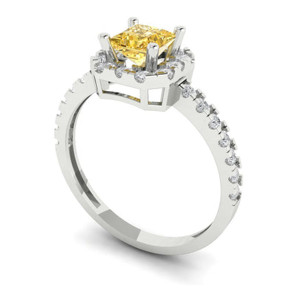 0.89 cttw Yellow Moissanite Hidden Halo Engagement Ring - Solid Gold (Princess Cut,4.5mm)