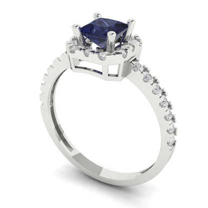 0.89 cttw Simulated Blue Sapphire Hidden Halo Engagement Ring - Solid Gold (Princess Cut,4.5mm)