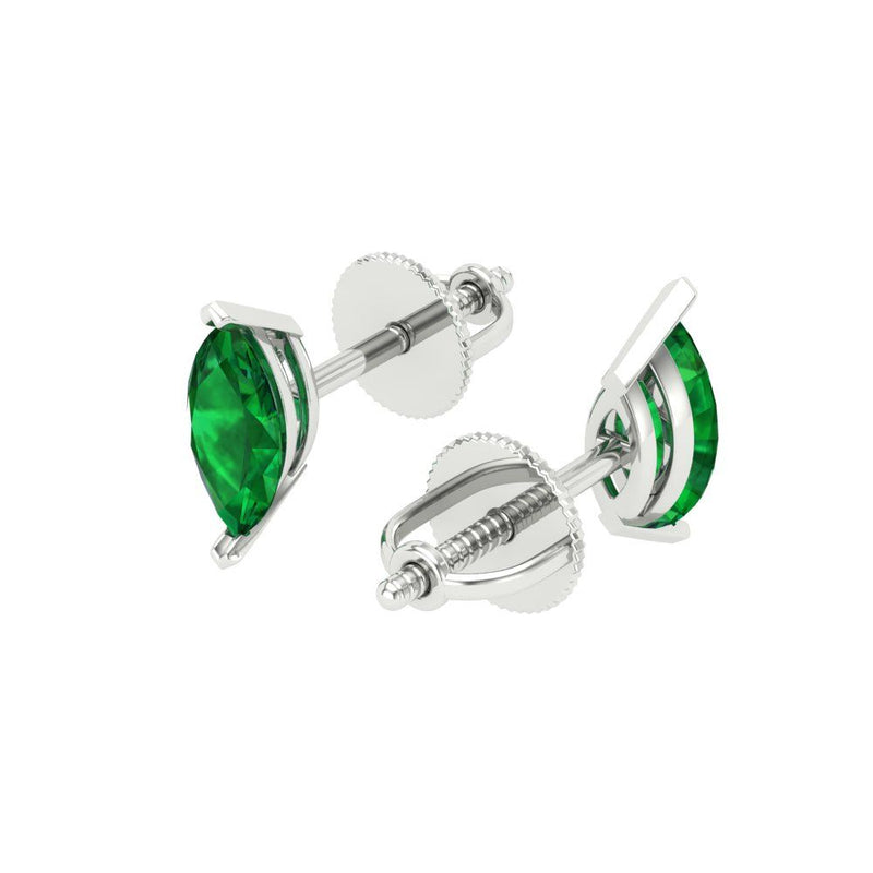 1 ct Brilliant Marquise Cut Solitaire Studs Simulated Emerald Stone White Gold Earrings Screw back
