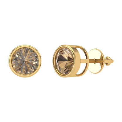 1 ctw Champagne Studs Earrings | 5.0mm Round Cut White Gold Screw back | April Birthstone