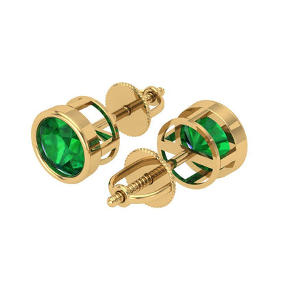 1 ctw Emerald Studs Earrings | 5.0mm Round Cut White Gold Screw back | May Birthstone