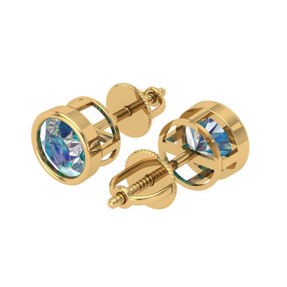 1 ctw Blue Moissanite Studs Earrings | 5.0mm Round Cut White Gold Screw back | April Birthstone