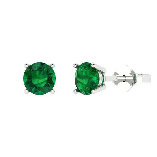 2 ctw Emerald Studs Earrings | 6.5mm Round Cut White Gold Push Back | May Birthstone