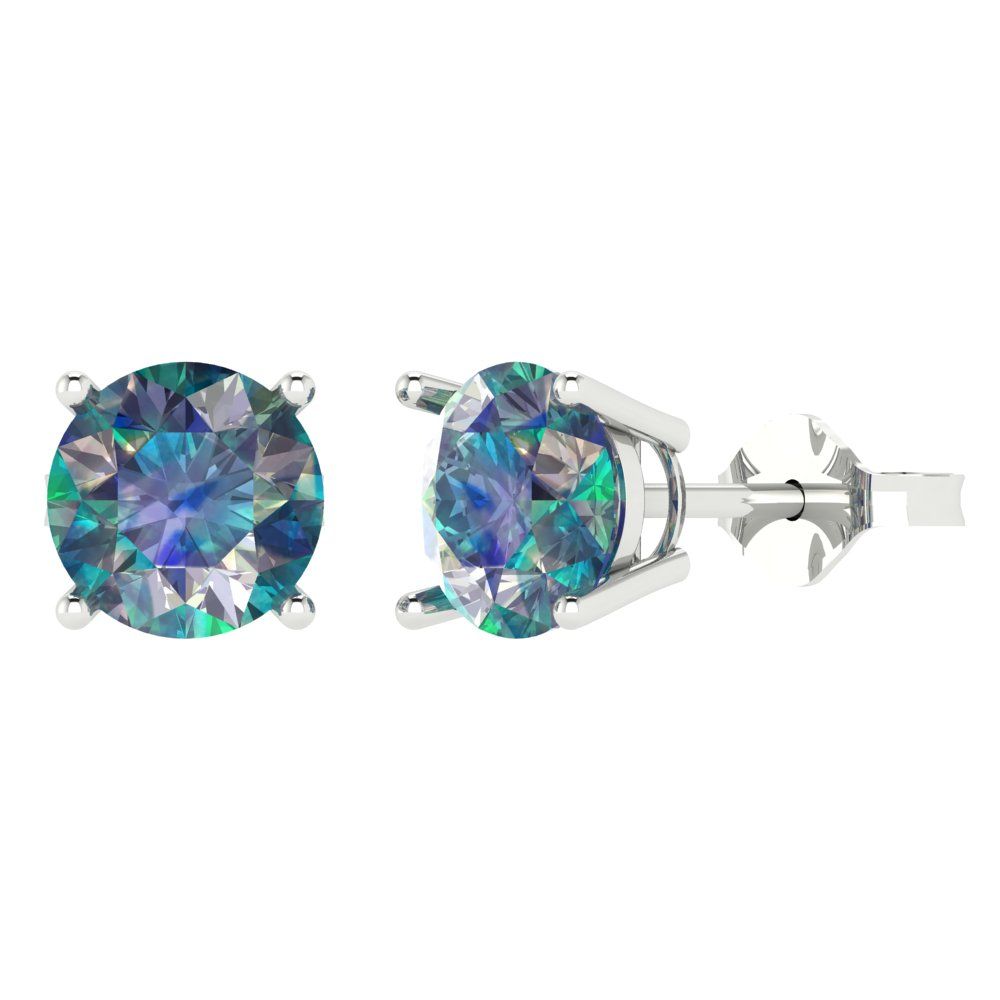 4 ctw Blue Moissanite Studs Earrings | 8.0mm Round Cut White Gold Push Back | April Birthstone
