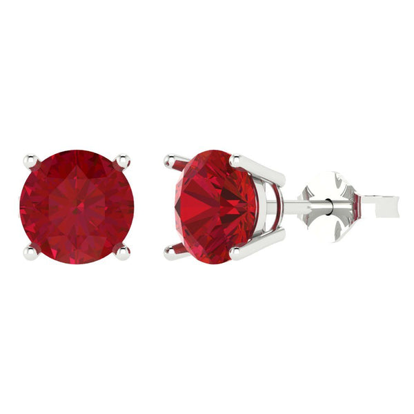 4 ct Brilliant Round Cut Solitaire Studs Simulated Ruby Stone White Gold Earrings Push Back