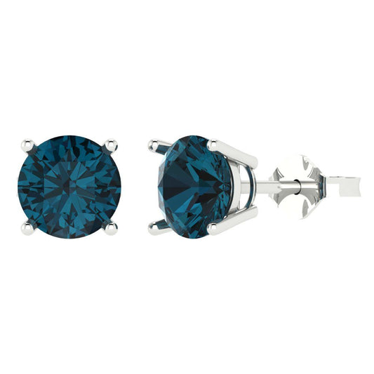 4 ctw London Blue Topaz Studs Earrings | 8.0mm Round Cut White Gold Push Back | December Birthstone