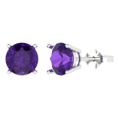 4cttw Round Cut Natural Amethyst Gold-Plated 925 Silver Push Back Stud Earrings
