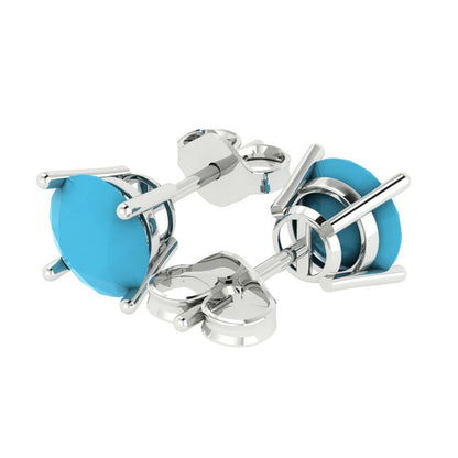 4 ctw Turquoise Studs Earrings | 8.0mm Round Cut White Gold Push Back | December Birthstone