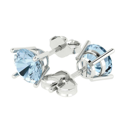 4 ctw Blue Zirconia Studs Earrings | 8.0mm Round Cut White Gold Push Back | April Birthstone