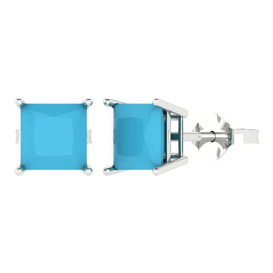 3 ctw Turquoise Studs Earrings | 6.5mm Princess Cut White Gold Push Back | December Birthstone