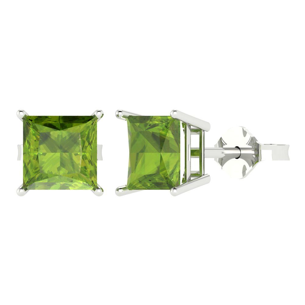 3 ctw Peridot Studs Earrings | 6.5mm Princess Cut White Gold Push Back | August Birthstone
