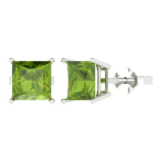 3 ctw Peridot Studs Earrings | 6.5mm Princess Cut White Gold Push Back | August Birthstone