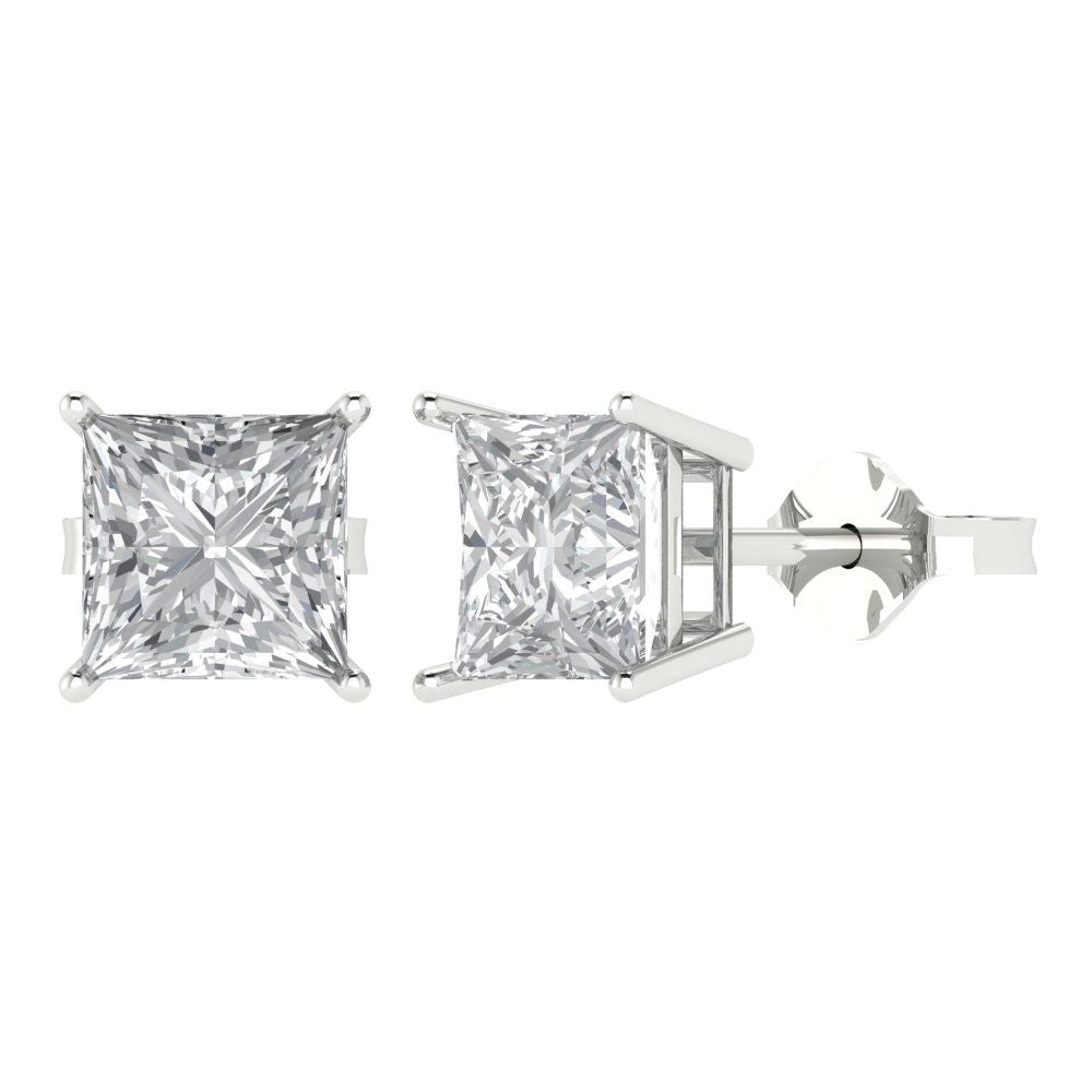3 ctw White Sapphire Studs Earrings | 6.5mm Princess Cut White Gold Push Back | April Birthstone