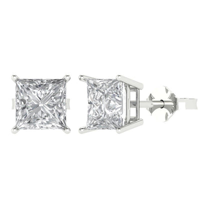 3 ctw White Sapphire Studs Earrings | 6.5mm Princess Cut White Gold Push Back | April Birthstone