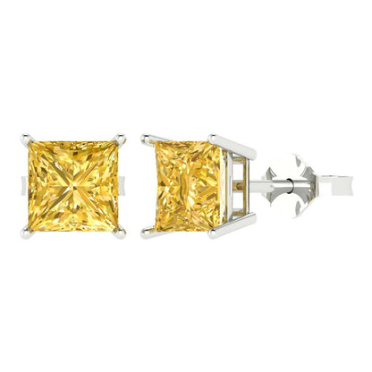 3 ctw Yellow Zirconia Studs Earrings | 6.5mm Princess Cut White Gold Push Back | April Birthstone