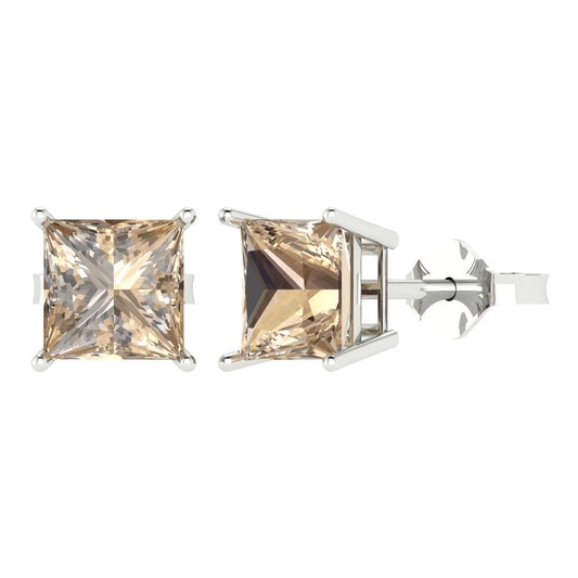 3 ctw Yellow Moissanite Studs Earrings | 6.5mm Princess Cut White Gold Push Back | April Birthstone