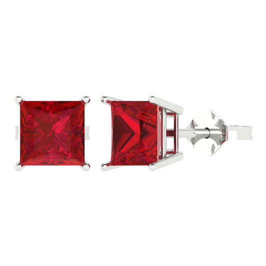 3cttw Princess Cut Simulated Ruby Gold-Plated 925 Silver Push Back Stud Earrings